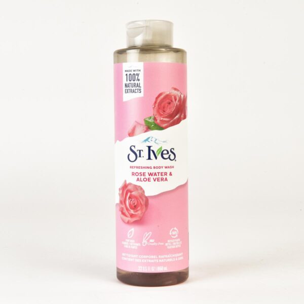 St Ives Refreshing Body Wash Rose Water and Aloe Vera, Hit refresh on your shower routine! Made with 100% natural rose and aloe vera extracts, our refreshing body wash delivers a sudsy lather that leaves your skin feeling soft and balanced all over. It can also be used as a hand soap to effectively wash away dirt and bacteria.